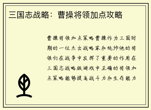 三国志战略：曹操将领加点攻略